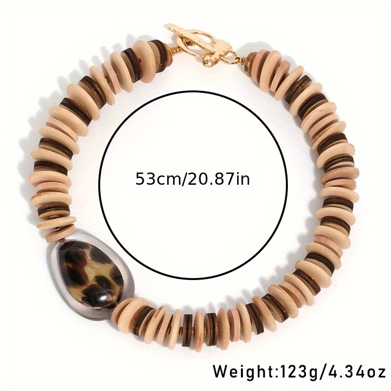Brown Retro Wooden Beaded Necklace with Leopard Print Decoration